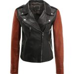Women’s black and brown moto leather jacket – stylish biker-inspired design
