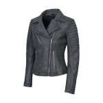 Womens Real Grey Leather Biker Jacket