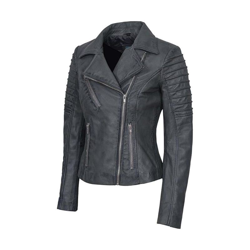 Womens Real Grey Leather Biker Jacket
