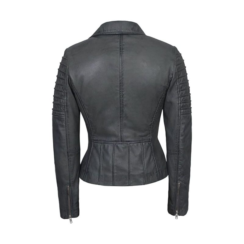 Womens Real Grey Leather Biker Jacket