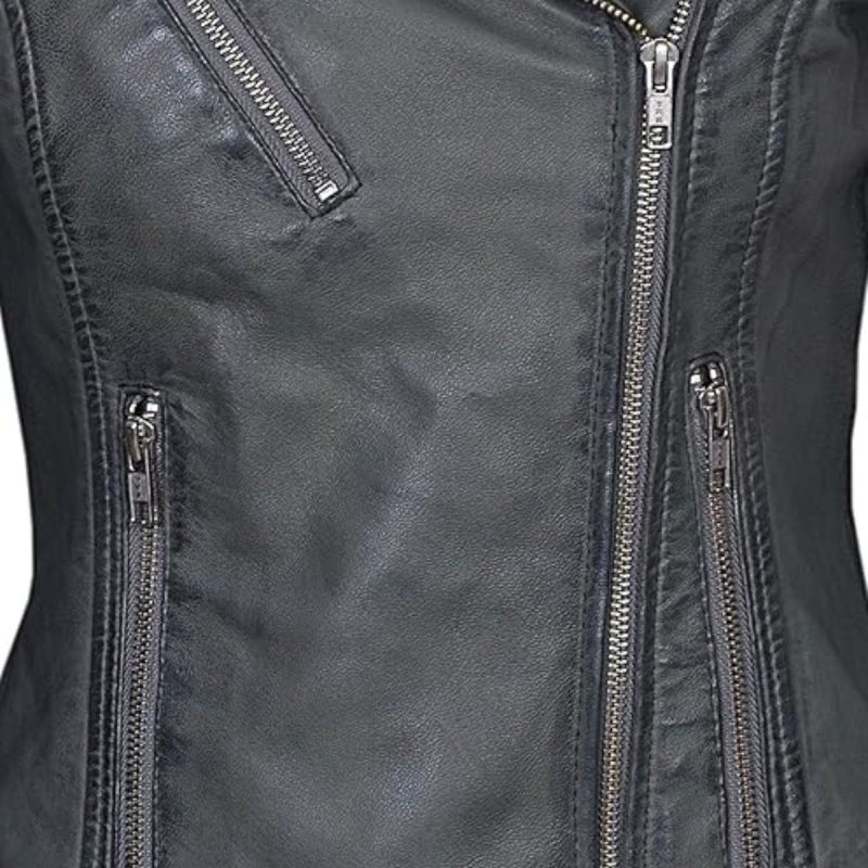 Womens Real Grey Leather Biker Jacket